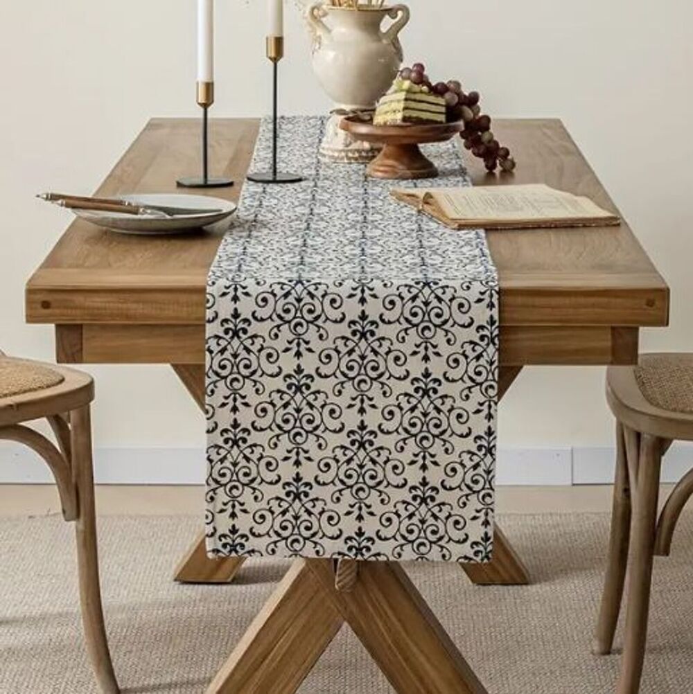 Table Runner 13x108in Beige with Navy Blue design Boho Chic Polyester